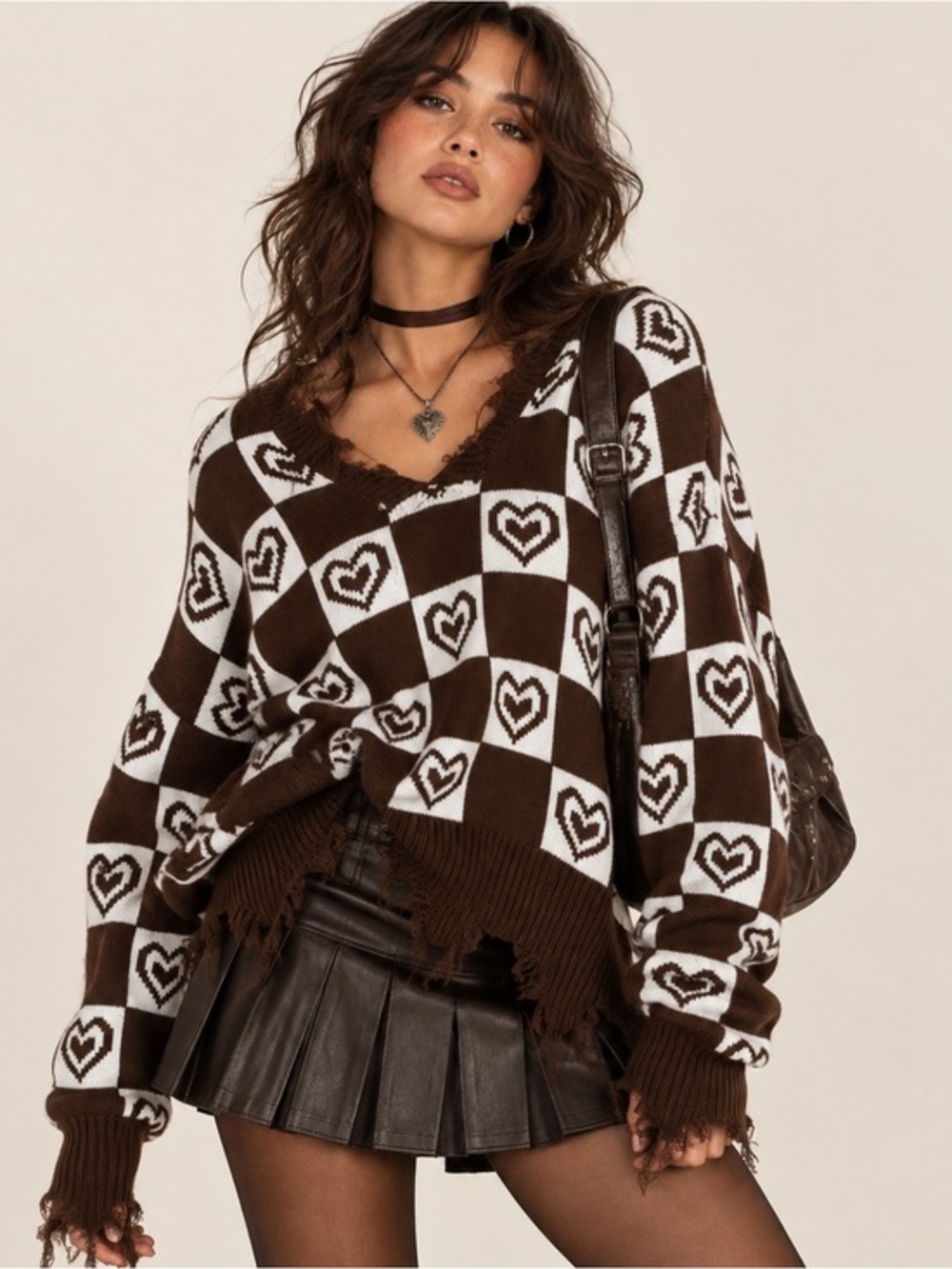 Just Polly Brown Checkerboard Heart Sweater Distressed Whimsigoth Y2K XL